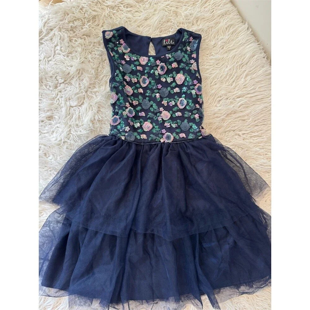 Lilt Girls Dress Size 8 Navy Sequin Floral Bodice Tiered Tulle Party Holiday